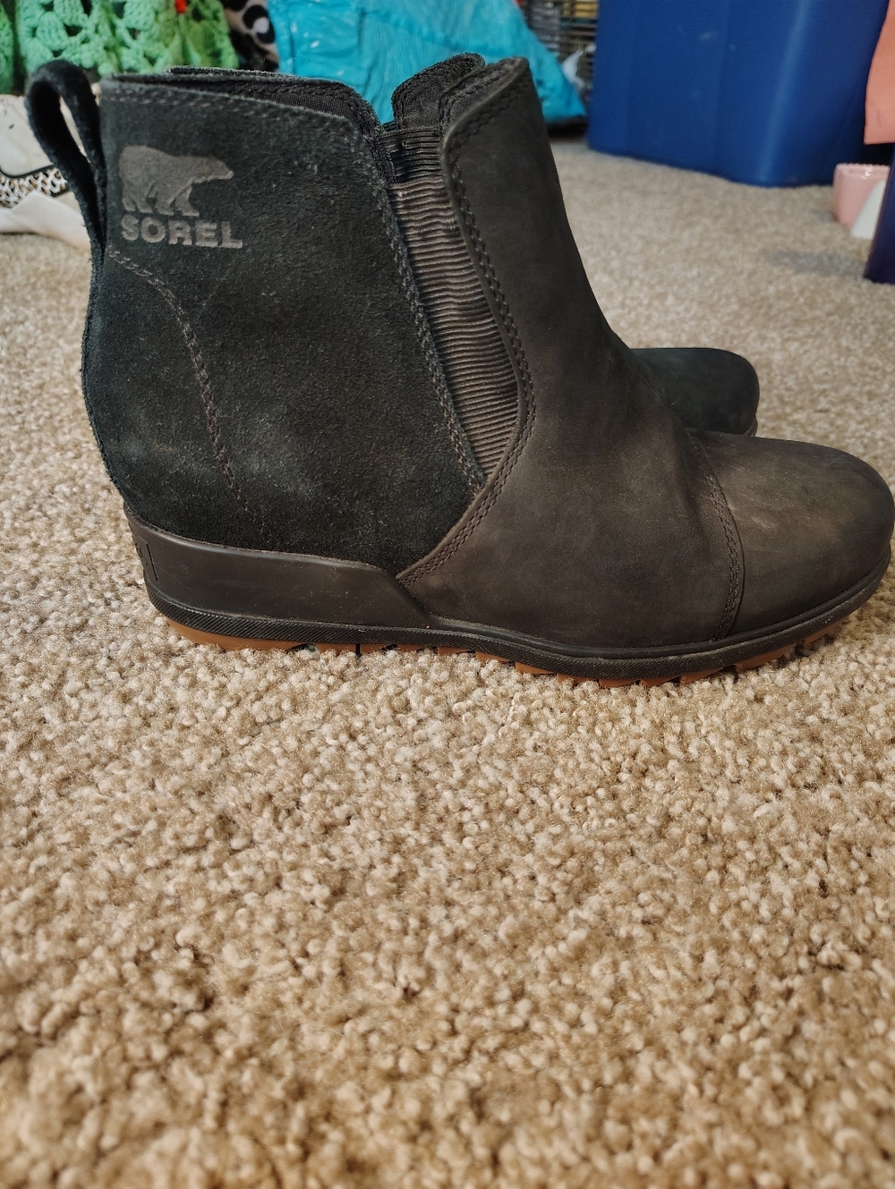 Sorel Size 7.5 Black Leather Suede Pull On Chelsea Ankle Booties Waterproof Grad